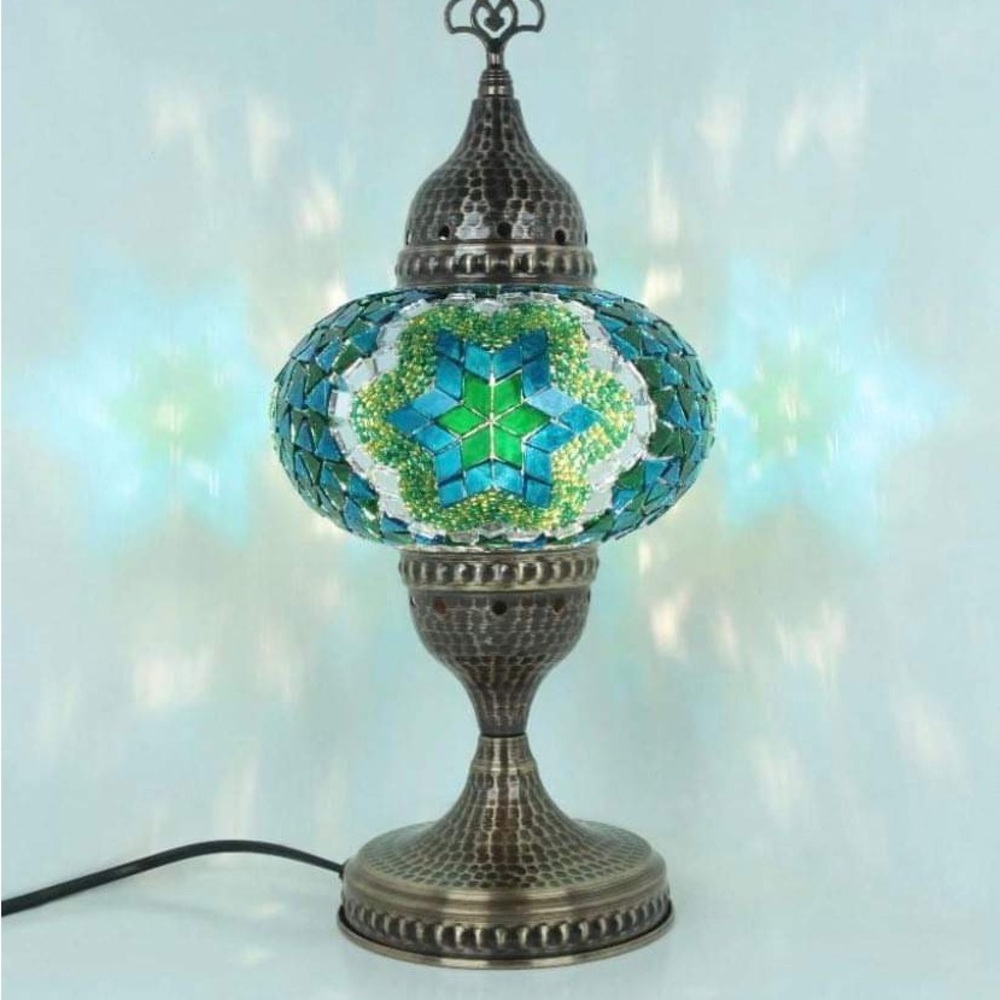 Turkish Morrocan Tiffany Blue Mosaic Style Table Lamp with Hammered Bronze